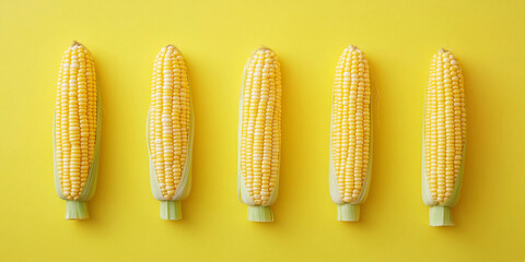 Five corn cobs lying on a yellow background in a row making a pattern