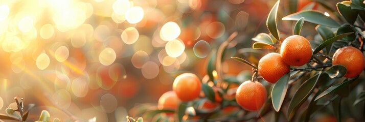 Wall Mural - Tangerine Tree with Ripe Mandarin Fruits in a Garden, Soft Focus