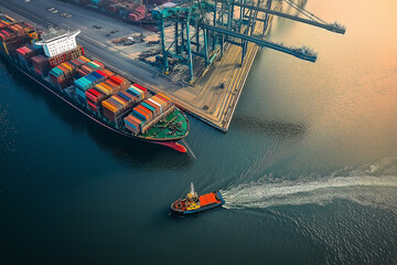 Container ship docking assisted by tugboat in busy industrial port at sunset