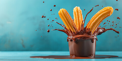 churros falling into chocolate sauce creating splash on blue background