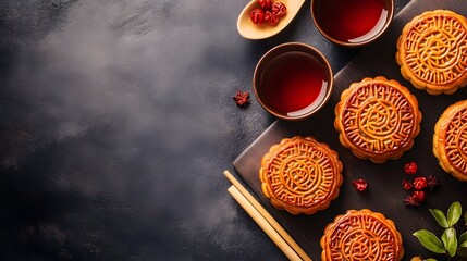 Wall Mural - Mooncake traditional Chinese pastry served with tea for Mid Autumn day festival