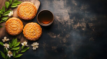 Wall Mural - Mooncake traditional Chinese pastry served with tea for Mid Autumn day festival