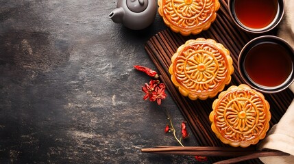 Wall Mural - Mooncake traditional Chinese pastry served with tea for Mid Autumn day festival