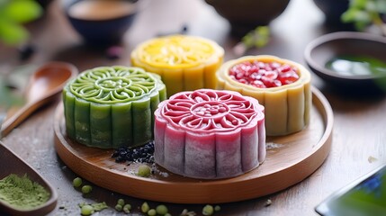 Wall Mural - Traditional Chinese snow skin mooncakes for mid autumn festival with fruit, taro and matcha filling
