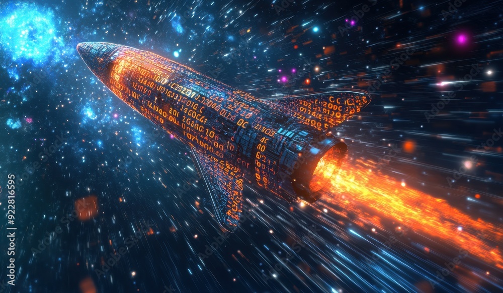 A rocket made of digital code with data visualization lines is flying ...