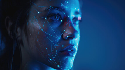 Poster - Facial recognition technology, young woman face with lines of AI biometric system, digital scanning of person. Concept of verification, deepfake, identification, validation,