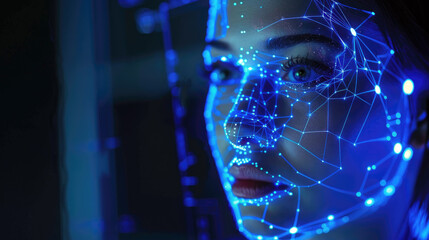 Poster - Facial recognition technology, young woman face with lines of AI biometric system, 3d digital scanning of person. Concept of verification, deepfake, identification, science.
