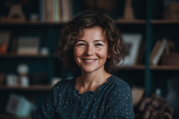 Portrait of a smiling middle-aged Caucasian woman with curly hair in a cozy, warmly lit room filled with books and decorations.