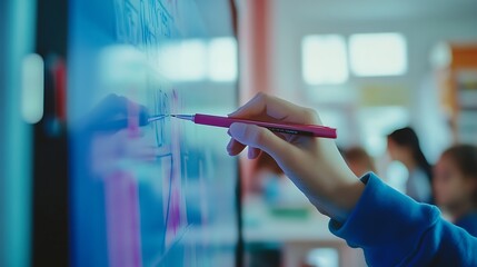 Fototapete - Close-Up of a Teacher Using a Smart Board with a Digital Pen in a Classroom