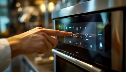 Fototapete - Close-Up of a Chef Using a Smart Oven's Touchscreen Interface to Set Cooking Parameters