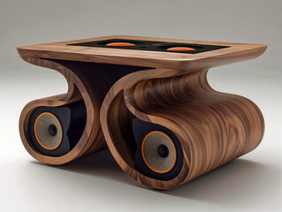 A wooden table with two speakers on it. The speakers are orange and black. The table is curved and has a unique design