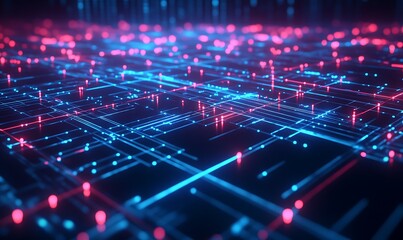 Aufkleber - Abstract Futuristic Grid of Interconnected Lights and Lines, Representing AI Processing Data, Dark Digital Landscape