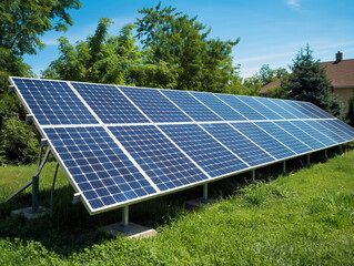 Wall Mural - A row of solar panels are installed in a yard. The panels are blue and white and are arranged in a neat row. The yard is lush and green, with trees in the background