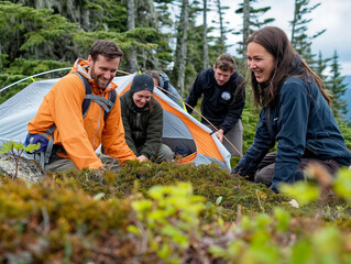 A group of people are sitting in a tent in the woods. They are smiling and laughing together