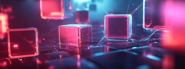Aufkleber - Abstract AI Representation with Glowing Cubes Connected by Streams of Light, Floating in Futuristic Space