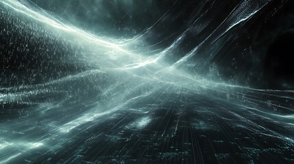 Aufkleber - Digital Cloud of Light Particles and Code Fragments, Representing AI Processing Power, Dark High-Tech Environment