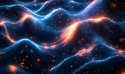 Aufkleber - Futuristic Abstract Landscape of Flowing Light Waves and Digital Particles, Representing AI Processes in Ethereal Void