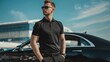 © Milan - A confident man in a black polo shirt and sunglasses stands next to a luxurious car, reflecting modern sophistication and success in a sleek, urban setting.
