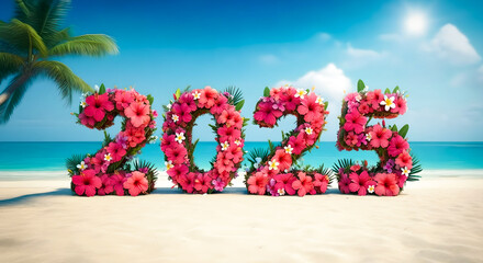 Number 2025 created from tropical pink flowers on the beach with white sand and blue sea, tropical festive New Year background