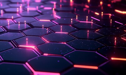 Poster - Abstract Visualization of AI as Glowing Hexagons Connected by Light Pulses, Futuristic Pattern in Digital Space