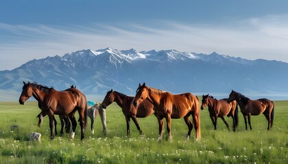 The horses on the Qaxi Grassland of Ili and the distant mountains