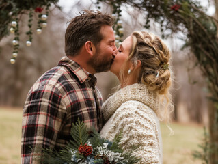 A man and woman kiss in a snowy field. The man is wearing a plaid shirt and the woman is wearing a white sweater