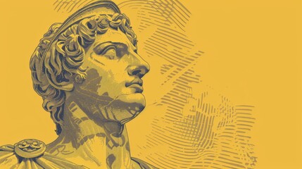 A classical statue bust against a bold yellow background with intricate patterns. The artwork emphasizes the rich textures and details of ancient sculptures and artistry.