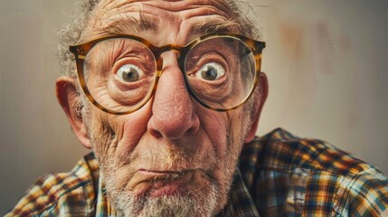 Wall Mural - Close-up portrait of an elderly man with wide, surprised eyes, wearing large glasses, and showing a quirky expression..