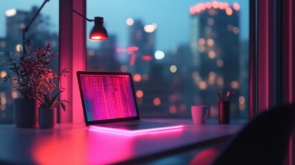 Poster - Minimalist digital workspace with a glowing laptop and a virtual data screen.