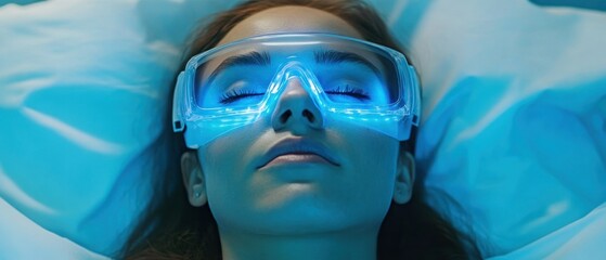 Wall Mural - Face of female client lying during non-invasive type of phototherapy. Closeup of woman patient in protective goggles undergoes blue LED light therapy for skin rejuvenation at aesthetic clinic