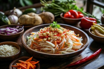 Ingredient for cooking papaya salad,Sticky rice, papaya salad, Som Tam , som tum, thai food, isan food,Thai isan kitchen , som tum lao, morning light, thai kitchen background - generative ai