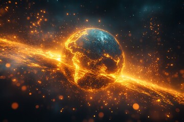 planet earth exploding in space with fiery energy and glowing light, depicting a cosmic catastrophe