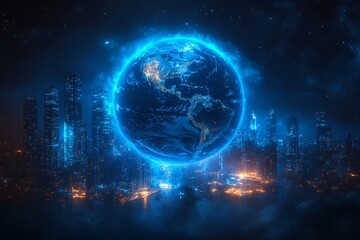 Wall Mural - Futuristic city skyline with neon lights surrounding a glowing digital Earth at night