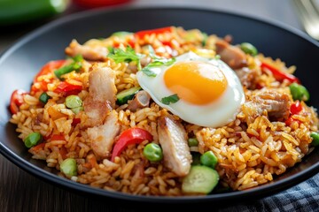 Wall Mural - Nasi goreng is a Southeast Asian fried rice dish, usually cooked with pieces of meat and vegetables. Nasi goreng has long been considered an important - generative ai