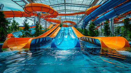 Large bright water park with big water slides. Summer fun.