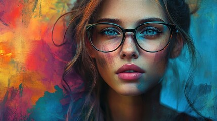 Sticker - Woman with Glasses in Colorful Abstract Background.