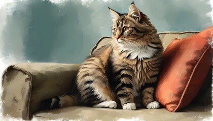 Wall Mural - A cute cat in a striped sweater is lounging on the sofa