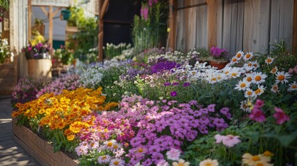 Aufkleber - A vibrant array of blooming flowers is on display at a local market, showcasing a variety of colors and types during a sunny spring day.