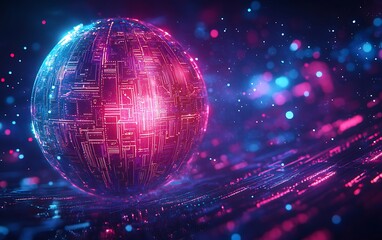 Aufkleber - Abstract Glowing Sphere with Intricate Geometric Patterns and Circuits Floating in a Digital Starry Space