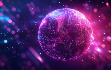 Aufkleber - Abstract Glowing Sphere with Intricate Geometric Patterns and Circuits Floating in a Digital Starry Space