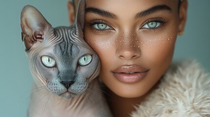 Poster - Woman and Sphynx Cat with Blue Eyes.