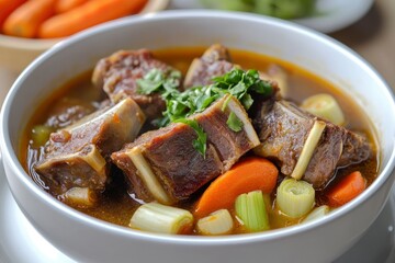 Wall Mural - Sop Iga (Beef ribs soup) made from ribs, carrots, leeks. Served in white bowl. Indonesian food - generative ai