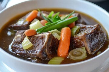 Wall Mural - Sop Iga (Beef ribs soup) made from ribs, carrots, leeks. Served in white bowl. Indonesian food - generative ai