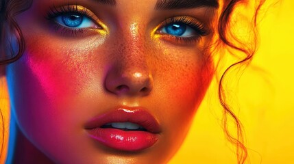 Wall Mural - Close-up of a Woman's Face with Colorful Lighting.