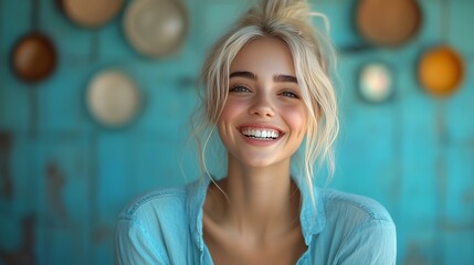 Smiling blonde young woman with blonde hair in a ponytail wearing a blue shirt, laughing joyfully against a blurred blue background