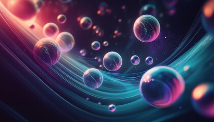 Aufkleber - Futuristic Representation of Music with Floating Glowing Spheres and Rings Pulsating with Sound Waves in 3D Space