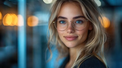 Wall Mural - Close-up Portrait of a Woman with Blonde Hair and Glasses.