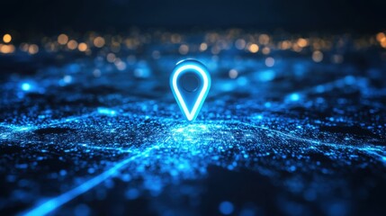 Poster - glowing location pin on cityscape background.