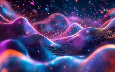 Poster - Futuristic Visualization of Music as Glowing Particles and Sound Waves in a Dark Digital Space
