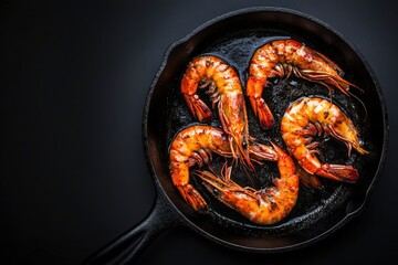 Wall Mural - spicy roasted shrimps in cast iron pan , black background, top view, copy space - generative ai